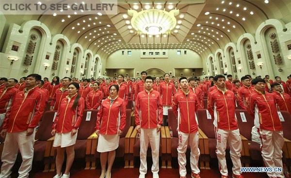 embers of Chinese delegation for Rio Olympic Games attend an official ceremony in Beijing, capital of China, July 18, 2016. (Xinhua/Cao Can)