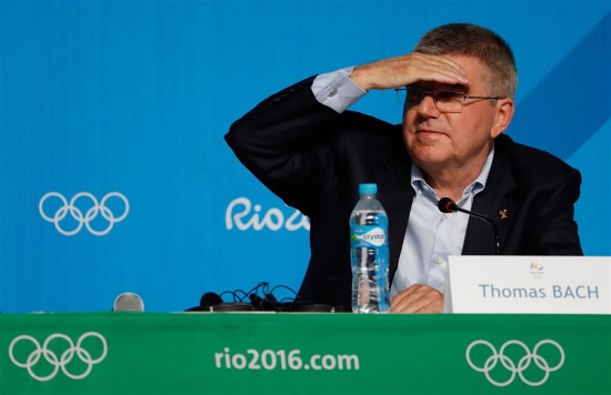 International Olympic Committee (IOC) President Thomas Bach addresses a press conference at the Main Press Center (MPC) of Rio Olympic Games in Rio de Janeiro, Brazil, on July 31, 2016. (Xinhua/Wang Lili)
