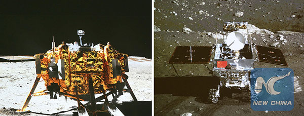 Screen shows the photos of the Chang'e-3 moon lander (L) and the Yutu moon rover during the mutual-photograph process, at the Beijing Aerospace Control Center in Beijing, Dec 15, 2013. (Photo/Xinnhua)