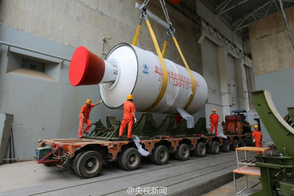 China's largest solid-fuel rocket motor goes through test ignition on August 2, 2016, in the northwest city of Xi'an. (Photo/Sina Weibo of CCTV)