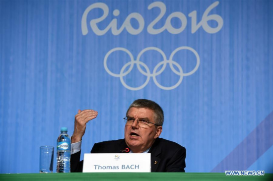 International Olympic Committee (IOC) President Thomas Bach addresses a press conference of 129th IOC session in Rio de Janeiro, Brazil on Aug. 4, 2016. (Xinhua/Han Yuqing)