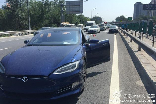 The Tesla Model S involved in the accident in Beijing, August 2, 2016. (Photo/weibo)