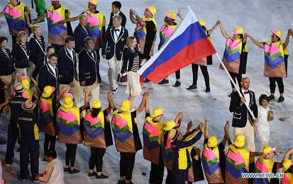 Russian Olympic delegation parades into the stadium during the opening ceremony of the 2016 Olymics at Maracana Stadium in Rio de Janeiro, Brazil, Aug. 5, 2016. (Xinhua/Meng Yongmin)