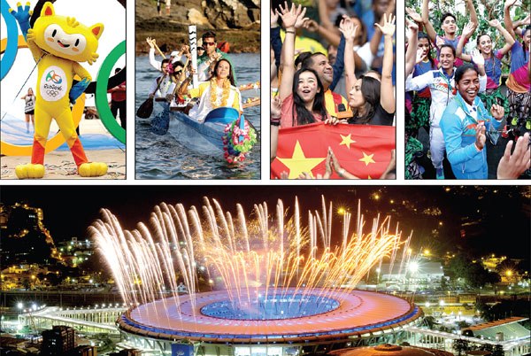 Clockwise from top left: The Rio Summer Olympics mascot Vinicius sets an exuberant tone. The Olympic torch is carried on the bay in Cabo Frio in Rio de Janiero state ahead of the Games' opening. Chinese fans cheer on Wednesday during the China-Brazil women's soccer match, which Brazil won. An Indian athlete joins Brazilians in dancing the samba. Fireworks light the night sky during a rehearsal of the opening ceremony scheduled for Friday evening in Rio de Janeiro. (Photos by AGENCIES and CHINA DAILY)