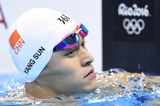 China's Sun Yang reacts after men's 400m freestyle final of swimming at the 2016 Rio Olympic Games in Rio de Janeiro, Brazil, on Aug. 6, 2016. Sun Yang won the silver medal with 3 minutes 41.68 seconds.Xinhua/Liu Dawei