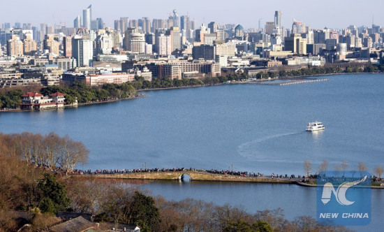 File photo taken on April 27, 2016 shows an aerial view of the West Lake in Hangzhou, east China's Zhejiang Province. Hangzhou is the host city for the 2016 G20 summit on Sept. 4 and Sept. 5. With one month to go, Hangzhou looks forward to G20. (Xinhua/Wang Dingchang)