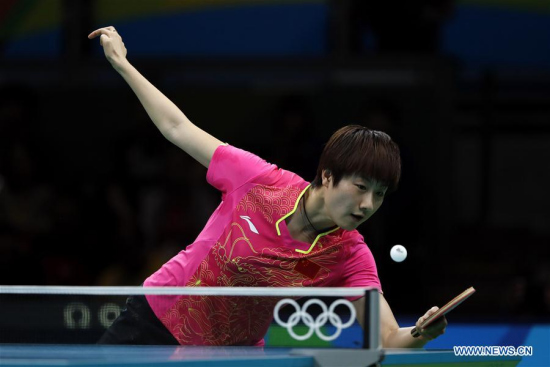 Ding Ning of China competes during the women's singles semifinal of table tennis between Ding Ning of China and Kim Song I of DPRK at the 2016 Rio Olympic Games in Rio de Janeiro, Brazil, on Aug. 10, 2016. Ding Ning won Kim Song I with 4:1.Xinhua/Shen Bohan