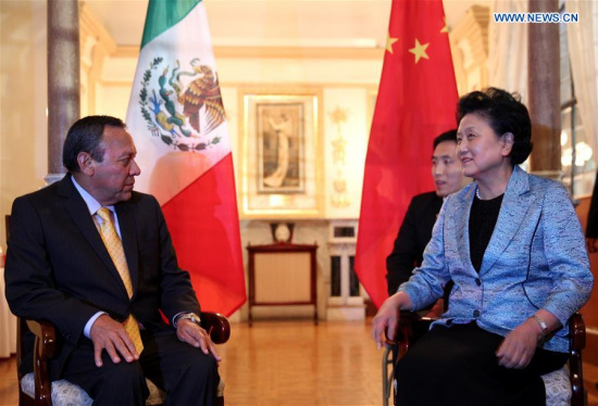 Chinese Vice Premier Liu Yandong (R) meets with Jesus Zambrano Grijalva, president of the Chamber of Deputies of Mexico, in Mexico City, Mexico, on Aug. 9, 2016. (Xinhua/David de la Paz)