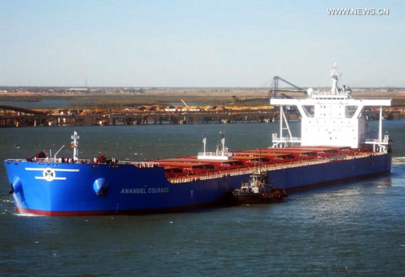 The file photo shows the Greek cargo ship involved in the collision accident. A Chinese fishing boat sank after colliding with a Greek cargo ship in the East China Sea early Thursday. Six crew members have been rescued byJapanese coast guard ship. (Photo/Xinhua)