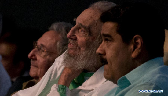 Photo provided by Cubadebate shows Cuba's revolutionary leader Fidel Castro (C), alongside Venezuelan President Nicolas Maduro (R), enjoying a gala in honor of his 90th birthday at the Karl Marx Theater in Havana, capital of Cuba, on Aug. 13, 2016. (Xinhua/Ismael Francisco/Cubadebate)