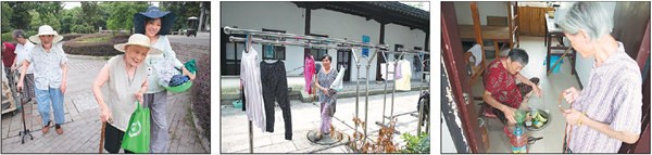 Left: A volunteer assists an elderly resident as she walks to her dorm at the Lingyanshan Buddhist Nursing Home in Suzhou, Jiangsu province. Center: A resident hangs out laundry at the nursing home. Right: An 80yearold resident surnamed Xiang, puts watermelon peel into a plastic bottle to allow it to ferment and become a homemade detergent. PHOTOS BY GAO ERQIANG / CHINA DAILY