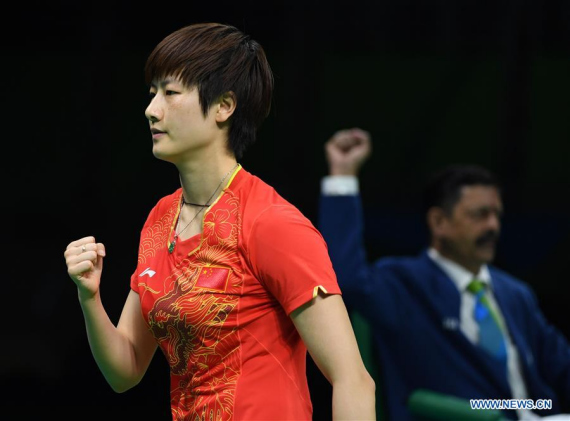 hina's Ding Ning reacts during women's team semifinal of Table Tennis against Singapore at the 2016 Rio Olympic Games in Rio de Janeiro, Brazil, on Aug. 15, 2016. China won 3-0. (Xinhua/Yin Bogu)