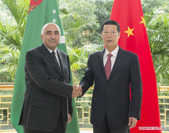 Chinese Vice Premier Zhang Gaoli (R) shakes hands with his Turkmen counterpart Yagshygeldi Kakayev in Tianjin, north China, Aug. 23, 2016. Zhang and Kakayev co-chaired the fourth meeting of the China-Turkmenistan Cooperation Committee in Tianjin on Tuesday. (Photo: Xinhua/Wang Ye)