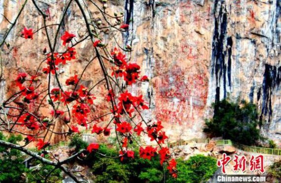 Rock paintings from China's Guangxi Zhuang Autonomous Region has been listed as world heritage by the World Heritage Committee, at its 40th session in Istanbul. (Photo/Chinanews.com)