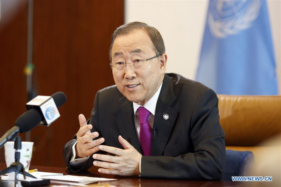 UN Secretary-General Ban Ki-moon speaks during an interview with several UN-based Chinese media outlets at the UN headquarters in New York, Aug. 26, 2016.  (Photo: Xinhua/Li Muzi)