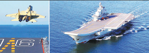Left: A J15 fighter jet takes off from the CNS Liaoning, China’s first aircraft carrier. Right: The carrier during a training exercise. (Photos/Xinhua) Left: A J15 fighter jet takes off from the CNS Liaoning, China’s first aircraft carrier. Right: The carrier during a training exercise. (Photos/Xinhua)