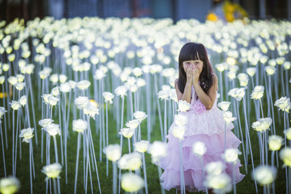 A girl stands in the Light Rose Garden at the Chengdu IFS, Chengdu, Sichuan province. (Photo provided to China Daily])