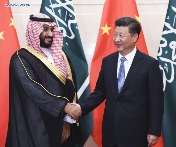 Chinese PresidentXi Jinping(R) meets with Saudi Arabia's Deputy Crown Prince Mohammed bin Salman in Beijing, capital of China, Aug. 31, 2016. (Xinhua/Gao Jie)