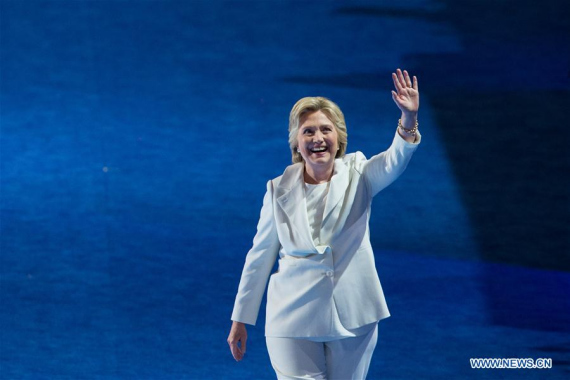 U.S. Democratic Presidential Candidate Hillary Clinton gestures to spectators on the last day of the 2016 U.S. Democratic National Convention at Wells Fargo Center, Philadelphia, Pennsylvania, the United States, on July 28, 2016.  (Xinhua/Li Muzi)