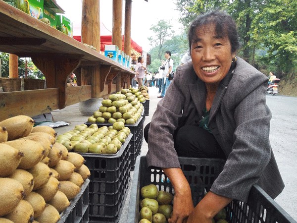 A famer sells kiwi fruits in Changputang village, Fenghuang county, Hunan province on Aug 31, 2016. (Photo by Xiao Yi/provided to chinadaily.com.cn)