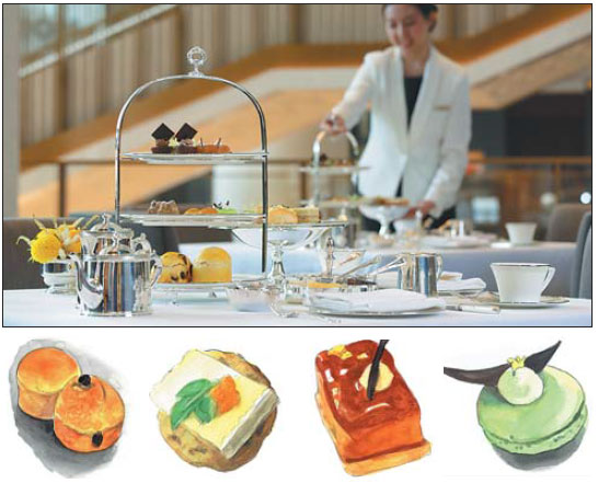 Top: Afternoon Tea served in the grand lobby of The Peninsula, Beijing tea. Above: A selection of the afternoon teas savories and pastries. Photos Provided to China Daily