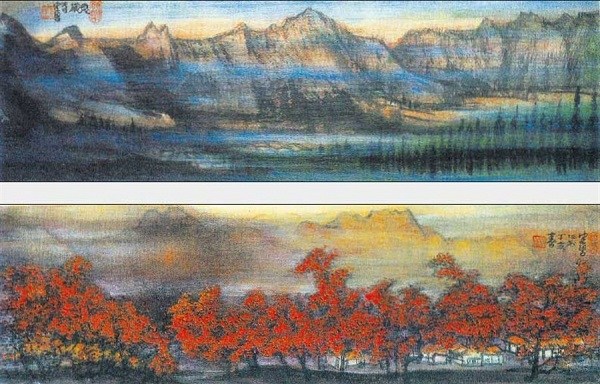 A long scroll Chinese painting by Chen Peiqiu featuring autumn in mountains