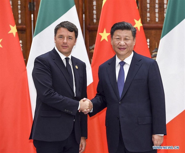 Chinese President Xi Jinping (R) meets with Italian Prime Minister Matteo Renzi in Hangzhou, capital city of east China's Zhejiang Province, Sept. 3, 2016. (Xinhua/Li Xueren)
