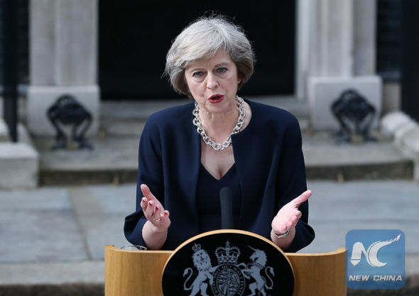 Britain's new Prime Minister Theresa May delivers a speech after arriving at 10 Downing Street in London, Britain on July 13, 2016.  (Photo: Xinhua/Han Yan)