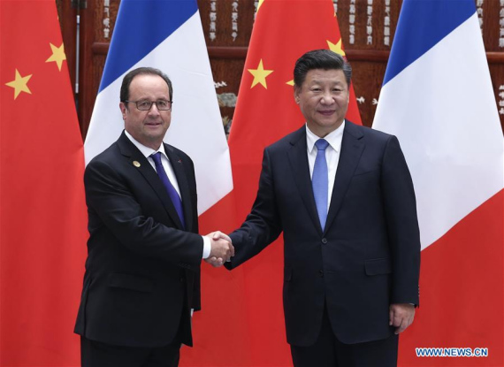 Chinese President Xi Jinping (R) meets with French President Francois Hollande, who is here to attend the Group of 20 (G20) summit, in Hangzhou, capital of east China's Zhejiang Province, Sept. 5, 2016. (Photo: Xinhua/Pang Xinglei)