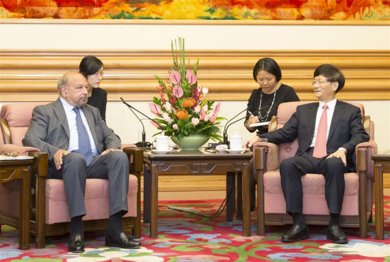 Meng Jianzhu (R), head of the Commission for Political and Legal Affairs of the Communist Party of China (CPC) Central Committee, meets with the International Court of Justice (ICJ) president Ronny Abraham in Beijing, capital of China, Sept. 5, 2016. (Photo: Xinhua/Huang Jingwen)