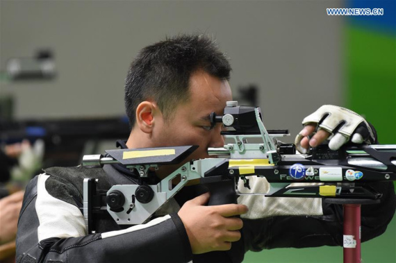 Dong Chao of China competes during Men's R1 10m Air Rifle Standing SH1 Final of Rio 2016 Paralympic in Rio de Janeiro, Brazil, on Sept.8, 2016. Dong Chao won the gold. (Xinhua/Wang Song)