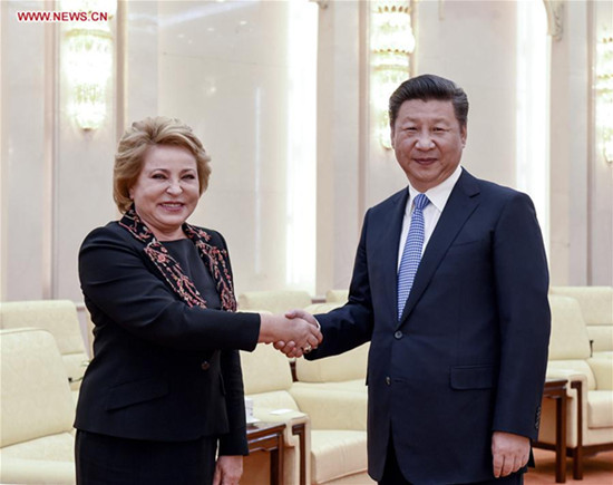 Chinese President Xi Jinping (R) meets with Russian Federation Council Speaker Valentina Matviyenko in Beijing, capital of China, Sept. 9, 2016. (Xinhua/Li Xueren)
