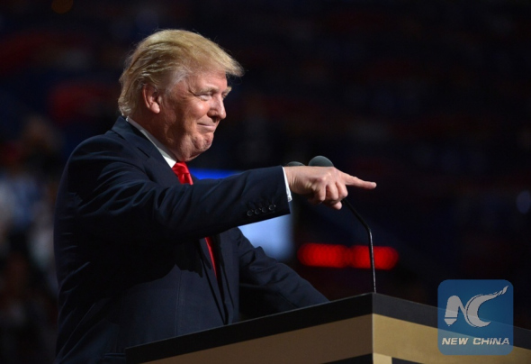 Donald Trump takes the stage on the last day of the Republican National Convention in Cleveland, Ohio, the United States, July 21, 2016. New York billionaire Donald Trump officially accepted the presidential nomination of the U.S. Republican Party Thursday night on the final day of the Republican National Convention. (Photo/Xinhua)