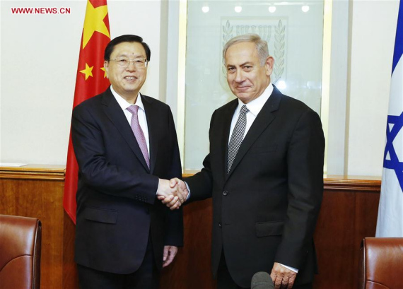 Zhang Dejiang (L), chairman of the Standing Committee of the Chinese National People's Congress (NPC), meets with Israeli Prime Minister Benjamin Netanyahu in Jerusalem, Sept. 19, 2016. (Photo: Xinhua/Ju Peng)