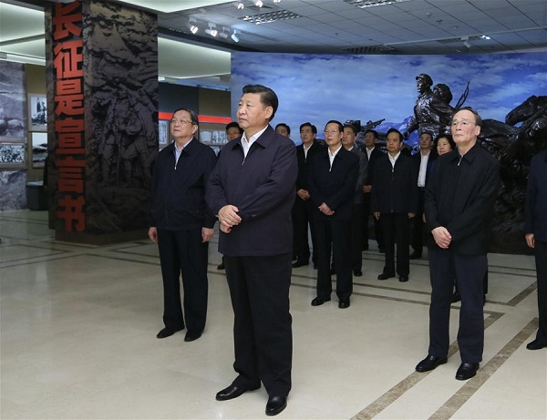 Chinese President Xi Jinping (front) and other senior leaders visit an exhibition marking the 80th anniversary of the end of the Long March in Beijing, capital of China, Sept. 23, 2016. Chinese President Xi Jinping and other senior leaders Yu Zhengsheng, Liu Yunshan, Wang Qishan and Zhang Gaoli visited the exhibition here on Friday. (Xinhua/Lan Hongguang)