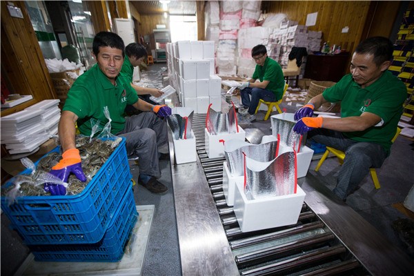 Farmers package newly harvested crabs in a factory in Suzhou, Jiangsu province, on Friday. (Photo:China Daily/Xu Kangping)