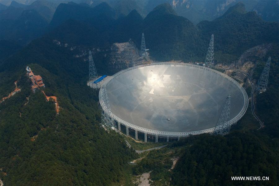 Photo taken on Sept. 24, 2016 shows the 500-meter Aperture Spherical Telescope (FAST) in Pingtang County, southwest China's Guizhou Province. The FAST, world's largest radio telescope, measuring 500 meters in diameter, was completed and put into use on Sunday. (Xinhua/Ou Dongqu)