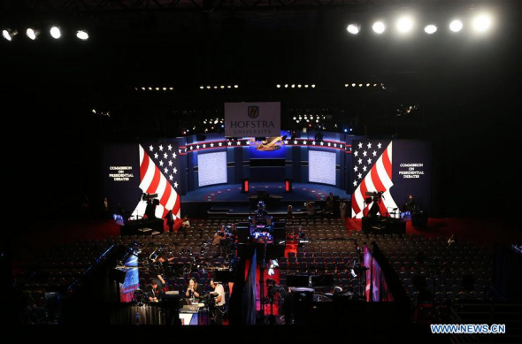 Photo taken on Sept. 26, 2016 shows the debate hall for the first U.S. presidential debate at Hofstra University in New York, the United States.  (Photo: Xinhua/Qin Lang)