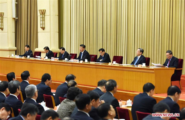 Chinese PresidentXi Jinping(C, rear) and other senior leadersLi Keqiang(3rd R, rear),Zhang Dejiang(3rd L, rear),Yu Zhengsheng(2nd R, rear),Liu Yunshan(2nd L, rear),Wang Qishan(1st R, rear) andZhang Gaoli(1st L, rear) attend a study session of the selection of works byHu Jintao, former general secretary of the Communist Party of China (CPC) Central Committee, in Beijing, capital of China, Sept. 29, 2016. The study session was held by the CPC Central Committee.(Xinhua/Wang Ye)