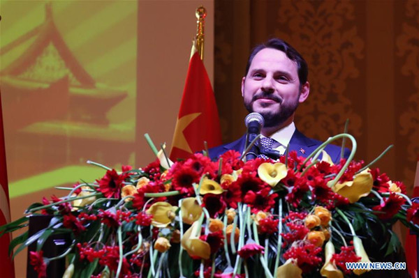 Berat Albayrak, the Turkish minister of energy and natural resources speaks during a reception marking the 67th anniversary of the founding of the People's Republic of China in Ankara, Turkey on Sept. 29, 2016. Turkey and China should further develop economic, political and cultural relations, Turkish officials said on Thursday. (Xinhua/Zou Le)