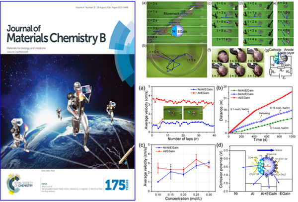Cover of the Aug 28 issue of Journal of Materials Chemistry B and the illustrations of the research finding about self-propelled liquid metal motors. (Photo from CAS's WeChat account)