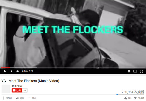 The screenshot shows a Youtube video of African-American rapper YG's song "Meet the Flockers", which angered the Chinese community in the US. Posted in May, 2014, the video has drawn more than 260,000 views, receiving over 820 likes and 13,000 dislikes.
