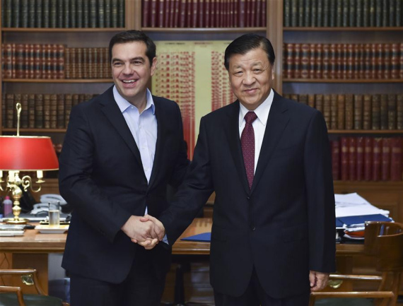 Liu Yunshan (R), a member of the Standing Committee of the Political Bureau of the Central Committee of the Communist Party of China, meets with Greek Prime Minister and leader of the ruling SYRIZA party Alexis Tsipras in Athens, Greece, Oct. 4, 2016. (Photo: Xinhua/Gao Jie)