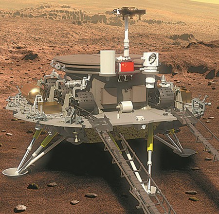 China unveiled the design of its Mars probe this August, which will consist of three parts -- the orbiter, the lander and the rover, according to design illustrations released by the China National Space Administration. The rover will have six wheels and four solar panels. (Photo/People's Daily Online)