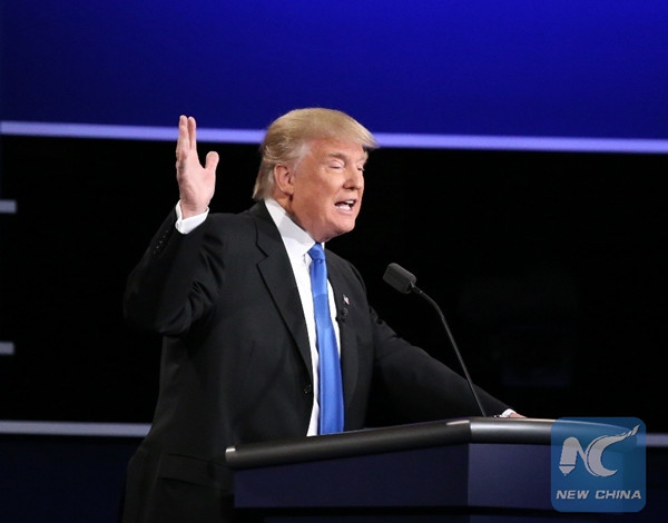 U.S. Republican Donald Trump speaks during the first presidential debate with Democrat Hillary Clinton at Hofstra University in Hempstead of New York, the United States, Sept. 26, 2016. (Xinhua/ File Photo) 