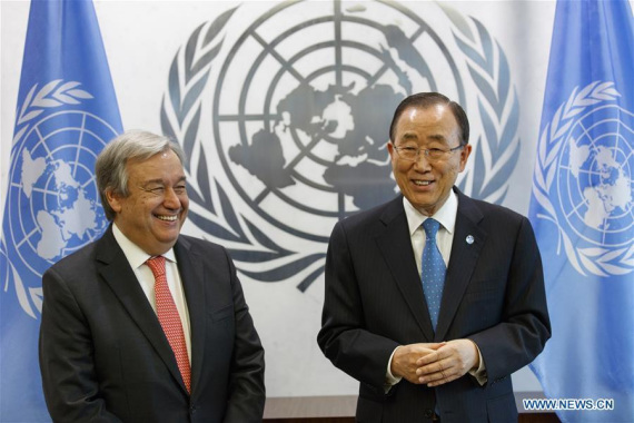 United Nations Secretary-General Ban Ki-moon (R) talks with UN Secretary-General-designate Antonio Guterres at the UN headquarters in New York, Oct. 13, 2016. (Photo: Xinhua/Li Muzi)