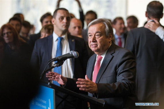 Antonio Guterres speaks to journalists after he was appointed as the new UN Secretary-General at the UN headquarters in New York, Oct. 13, 2016. (Photo: Xinhua/Li Muzi)