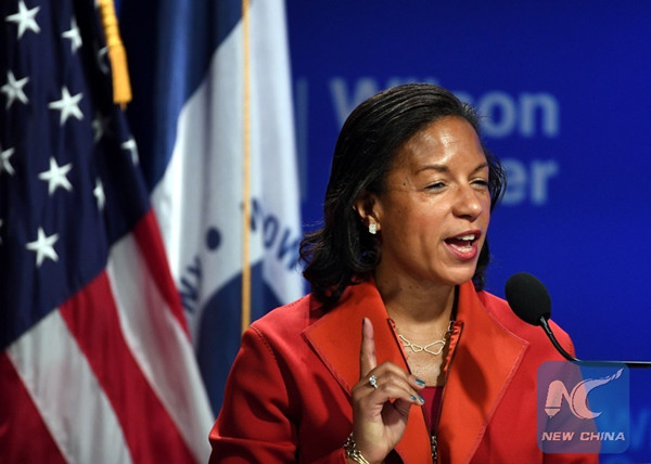 U.S. National Security Advisor Susan Rice speaks on the new presidential action on Cuba at the Wilson Center in Washington D.C., the United States, Oct. 14, 2016. The United States announced Friday it would further lift sanctions on Cuba to facilitate trade as well as scientific and humanitarian exchanges between the two countries. (Xinhua/Yin Bogu)