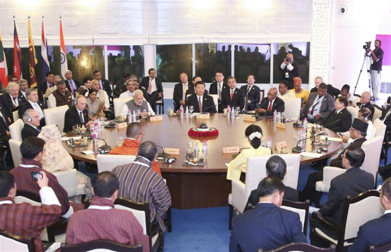 Chinese President Xi Jinping, Indian Prime Minister Narendra Modi, South African President Jacob Zuma, Brazilian President Michel Temer, Russian President Vladimir Putin, Sri Lankan President Maithripala Sirisena, Bangladeshi Prime Minister Sheikh Hasina, Bhutanese Prime Minister Tshering Tobgay, Nepali Prime Minister Pushpa Kamal Dahal, Myanmar's State Counsellor Aung San Suu Kyi and representative of Thailand attend a dialogue between BRICS (Brazil, Russia, India, China and South Africa) and BIMSTEC (Bay of Bengal Initiative for Multi-Sectoral Technical and Economic Cooperation) leaders on emerging economy cooperation in the western Indian state of Goa, Oct. 16, 2016. (Photo: Xinhua/Ding Lin)