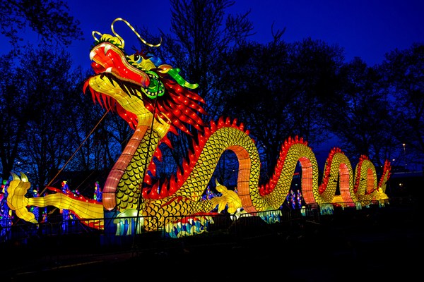 This 200-foot lighted dragon is part of the China Lights display at the Boerner Botanical Gardens in the Milwaukee suburb of Hales Corners. (Provided to chinadaiy.com.cn)